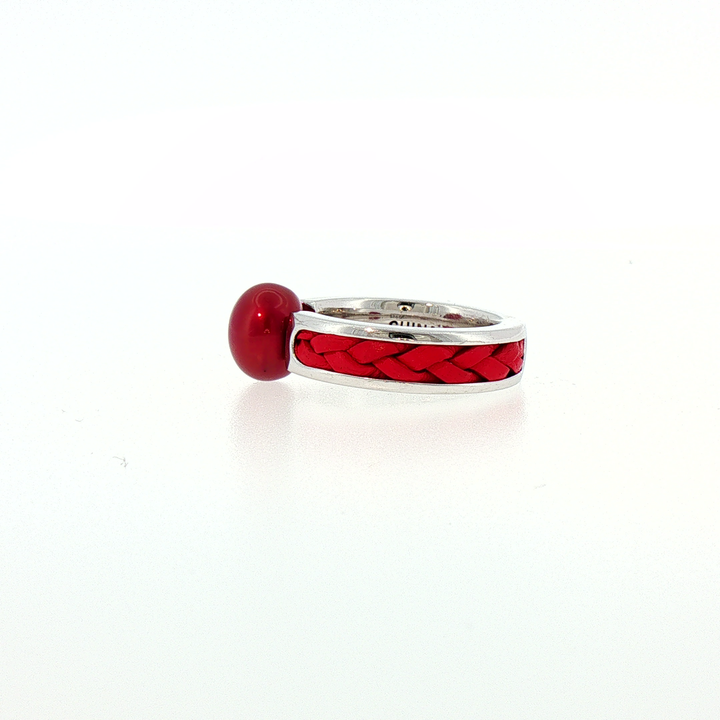 Silver Solitaire Ring with Red Pearl and Braided Inlay