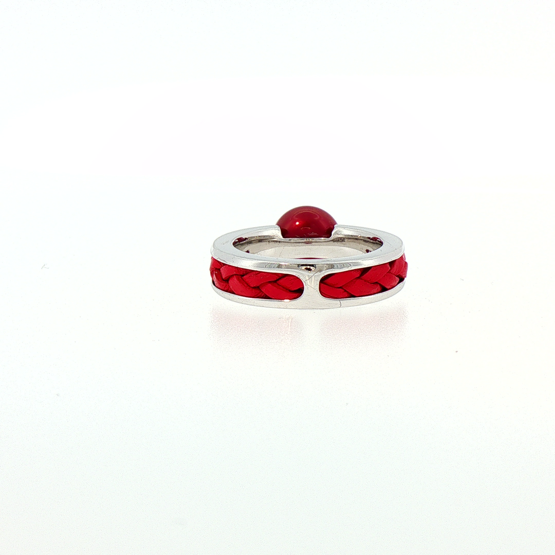 Silver Solitaire Ring with Red Pearl and Braided Inlay