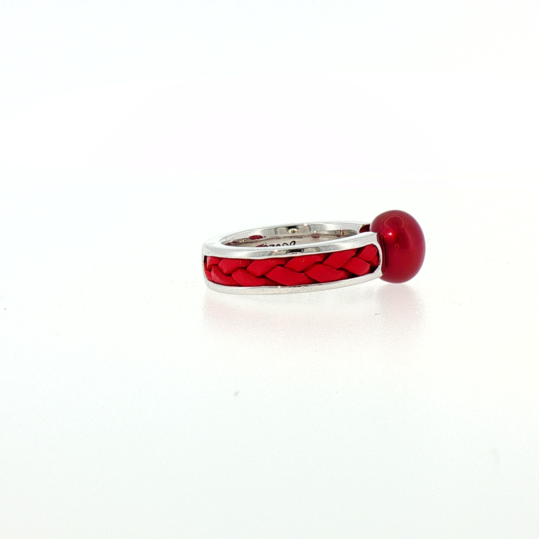 Silver Solitaire Ring with Red Pearl and Braided Inlay
