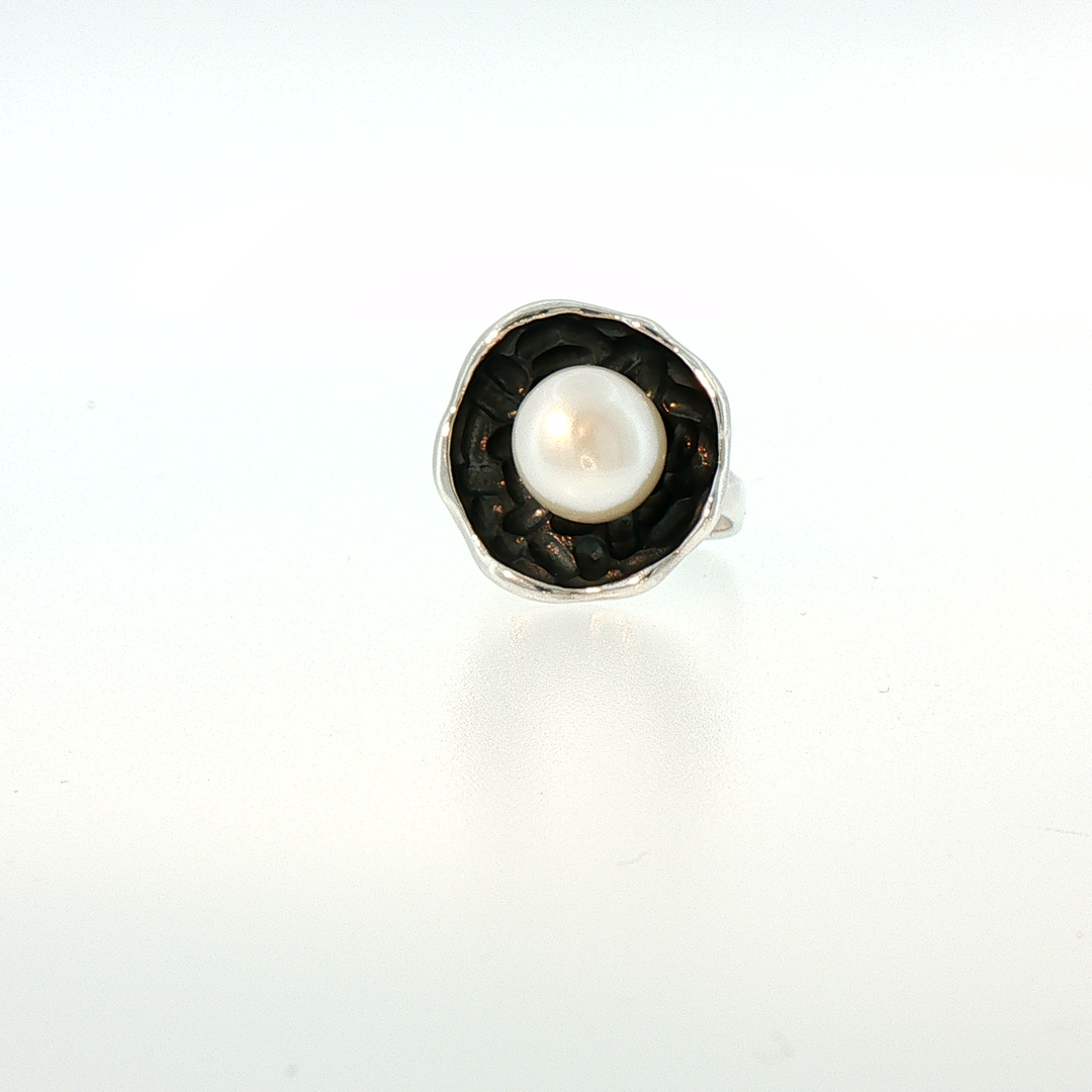 Oxidized Silver Pearl Cocktail Ring