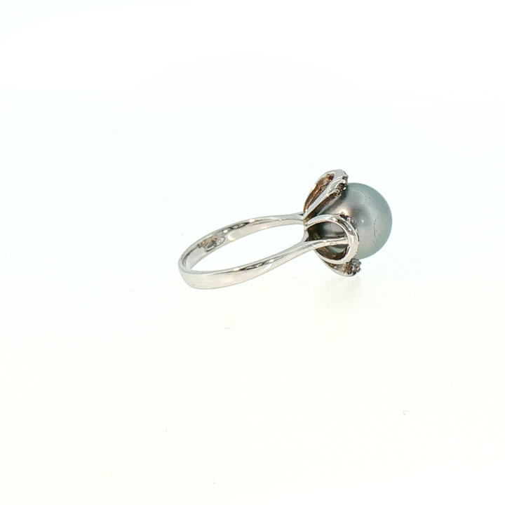 Silver Tahitian Perl Cocktail Ring with Pavé Accents