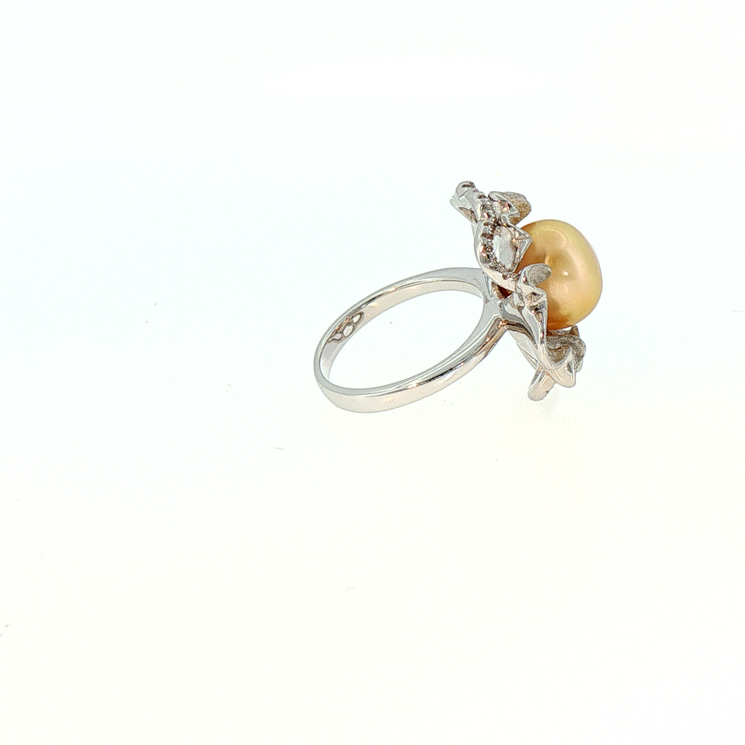 Golden South Sea Pearl Sculpted Floral Cocktail Ring