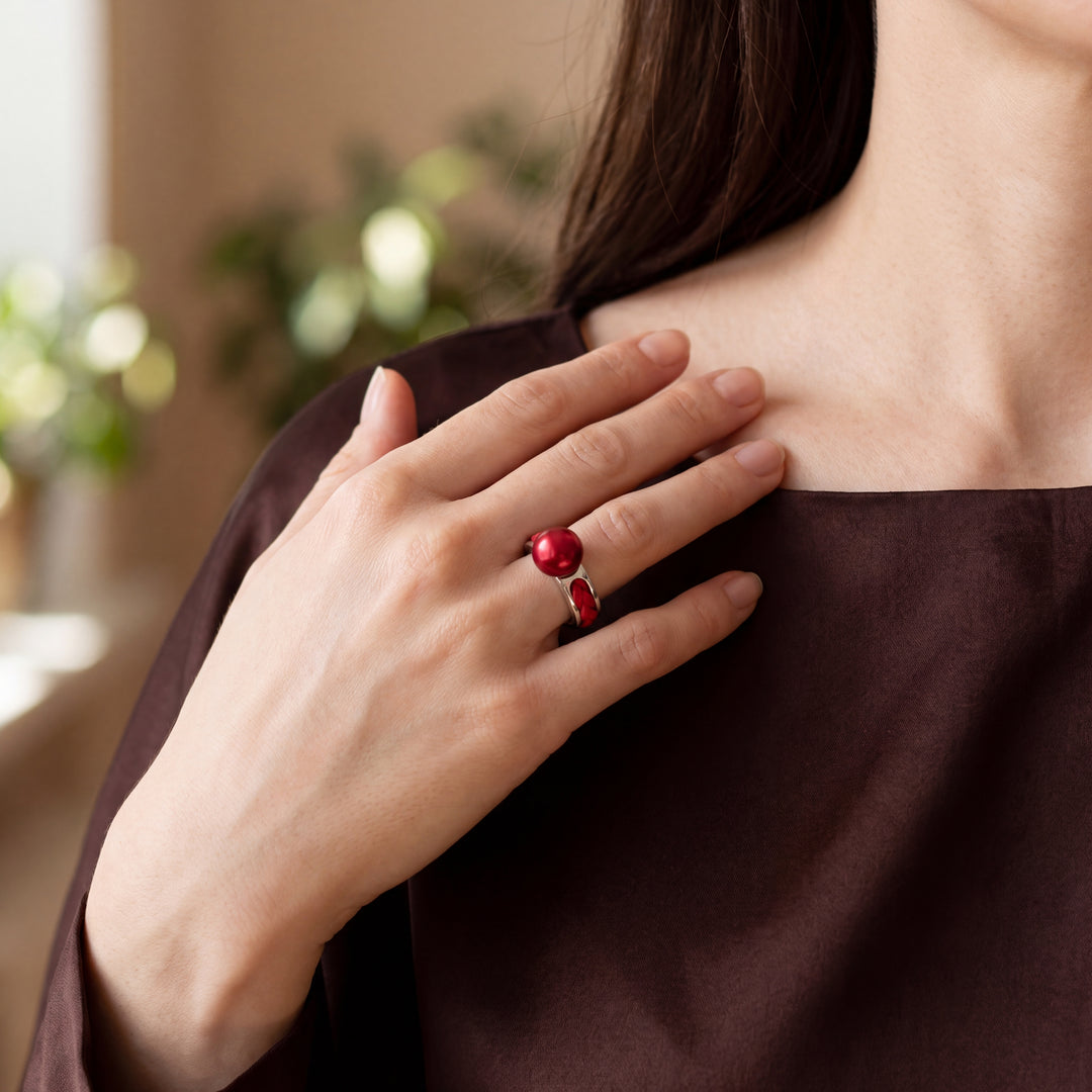 Silver Solitaire Ring with Red Pearl and Braided Inlay