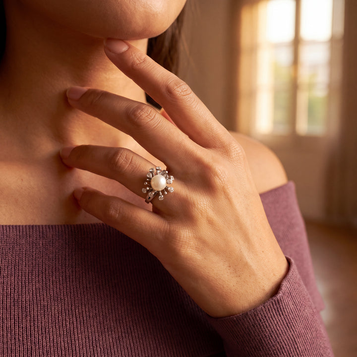 Silver Pearl Starburst Cocktail Ring