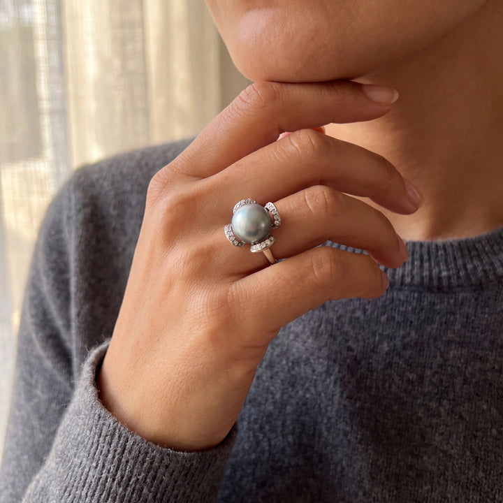 Silver Tahitian Perl Cocktail Ring with Pavé Accents