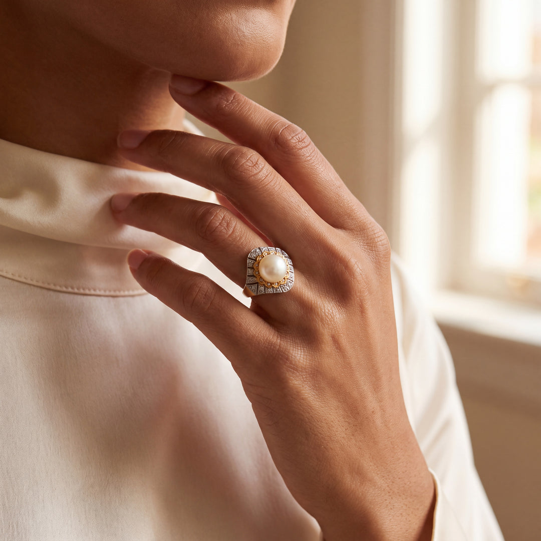 Antique Bi-colored 18k Gold Akoya Pearl Cocktail Ring with Diamonds
