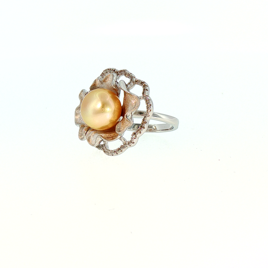 Golden South Sea Pearl Sculpted Floral Cocktail Ring