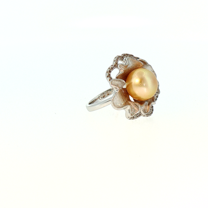 Golden South Sea Pearl Sculpted Floral Cocktail Ring