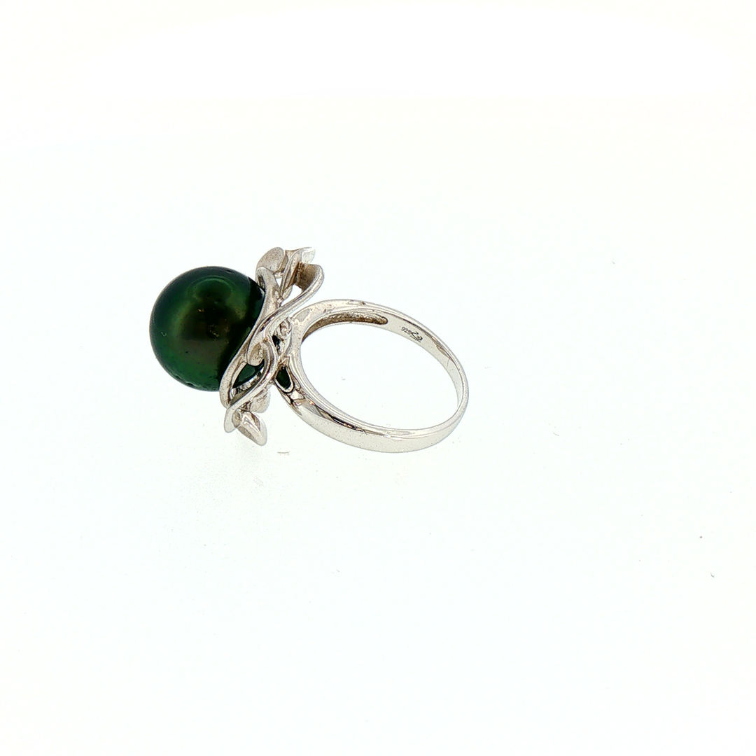 Tahitian Black Pearl Silver Sculptural Cocktail Ring