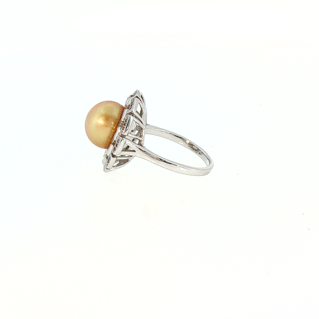 Golden South Sea Pearl Halo Cocktail Ring in Silver