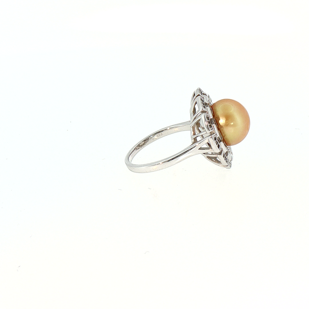 Golden South Sea Pearl Halo Cocktail Ring in Silver