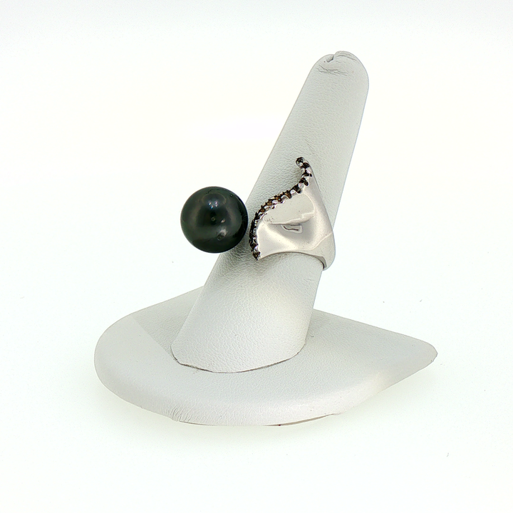 Modern Asymmetrical Tahitian Black Pearl Cocktail Ring