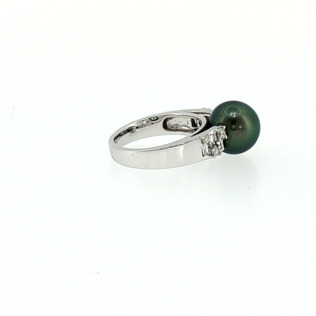 Tahitian Black Pearl and Diamond Cocktail Ring in 18k White Gold