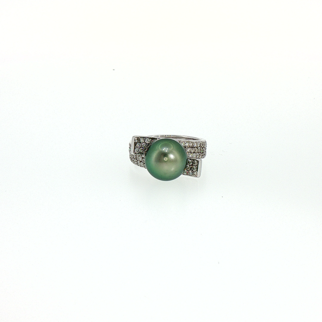 Tahitian Pearl 18k White Gold Pearl Bypass Cocktail Ring with Diamond Accents