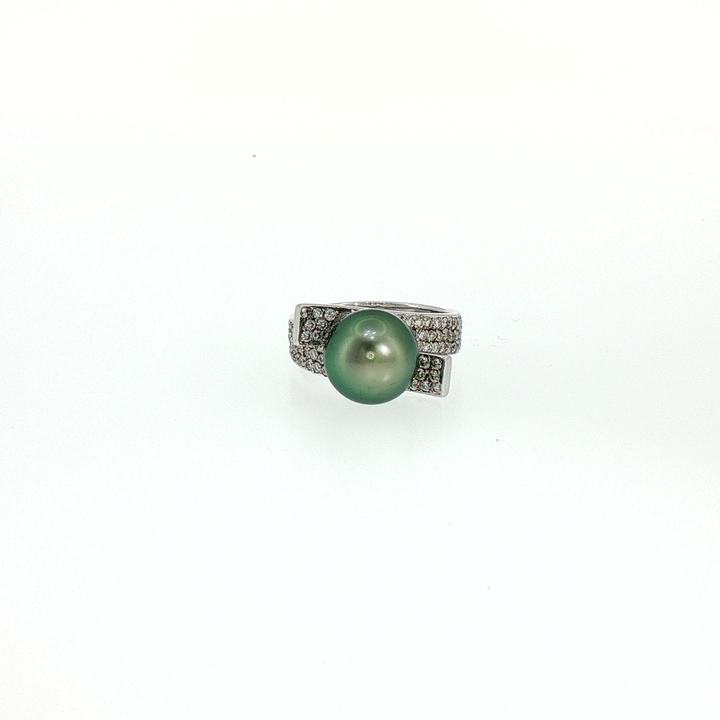 Tahitian Pearl 18k White Gold Pearl Bypass Cocktail Ring with Diamond Accents