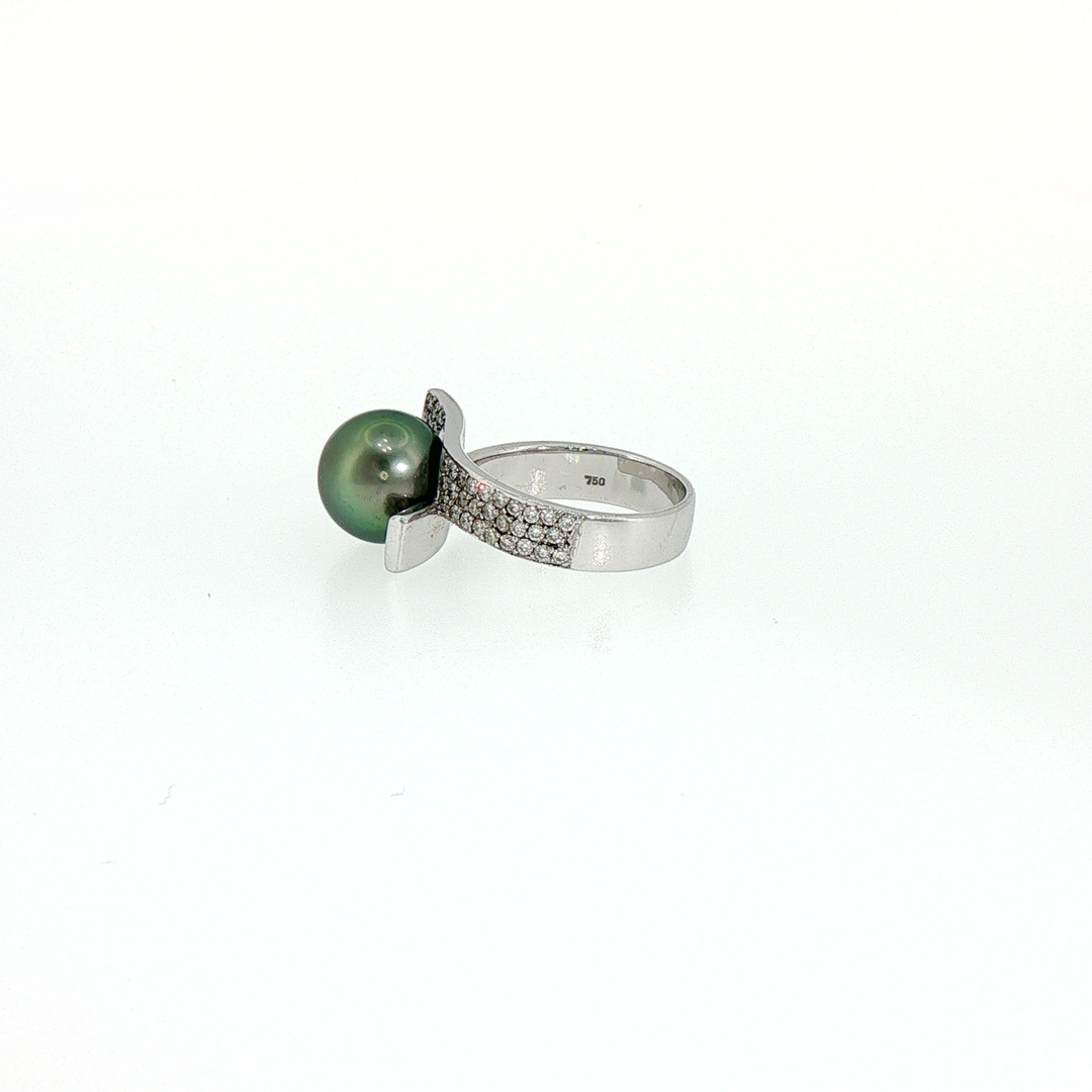 Tahitian Pearl 18k White Gold Pearl Bypass Cocktail Ring with Diamond Accents