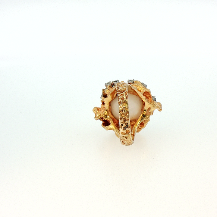 Textured Antique  "Brutalist" Style 14k Yellow Gold Mabe Pearl and Diamond Accent Cocktail Ring