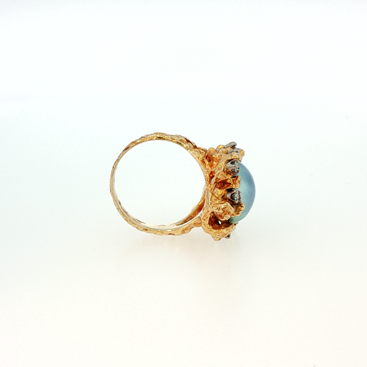 Textured Antique  "Brutalist" Style 14k Yellow Gold Mabe Pearl and Diamond Accent Cocktail Ring