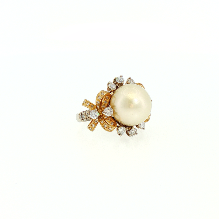 14k Gold South Sea Pearl Cocktail Ring with Diamond Bow Motif