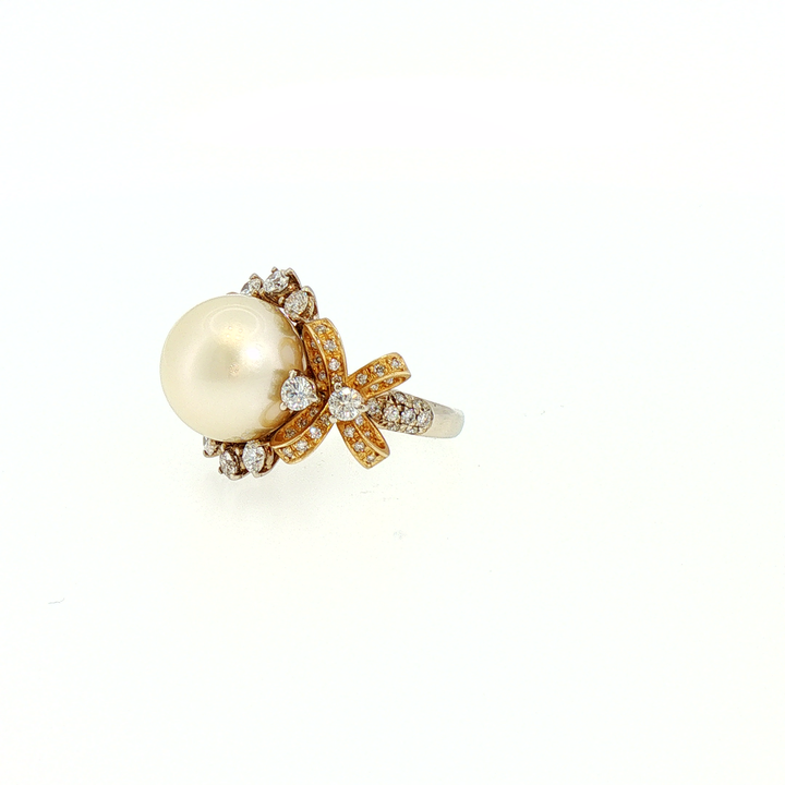 14k Gold South Sea Pearl Cocktail Ring with Diamond Bow Motif