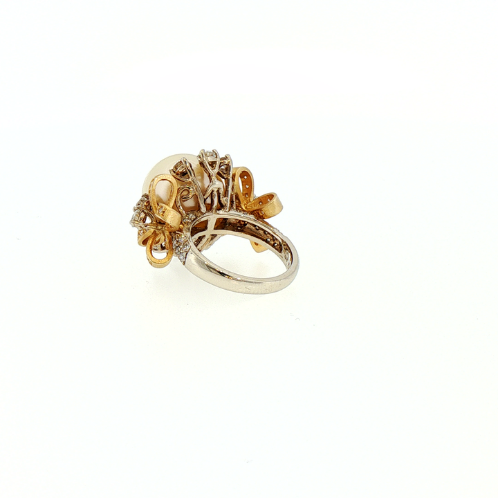 14k Gold South Sea Pearl Cocktail Ring with Diamond Bow Motif