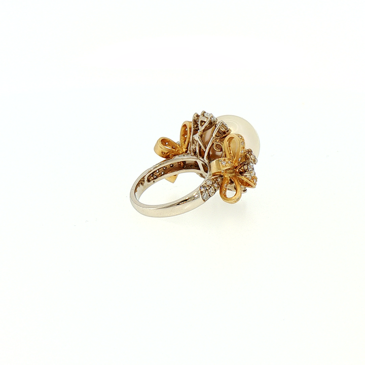 14k Gold South Sea Pearl Cocktail Ring with Diamond Bow Motif