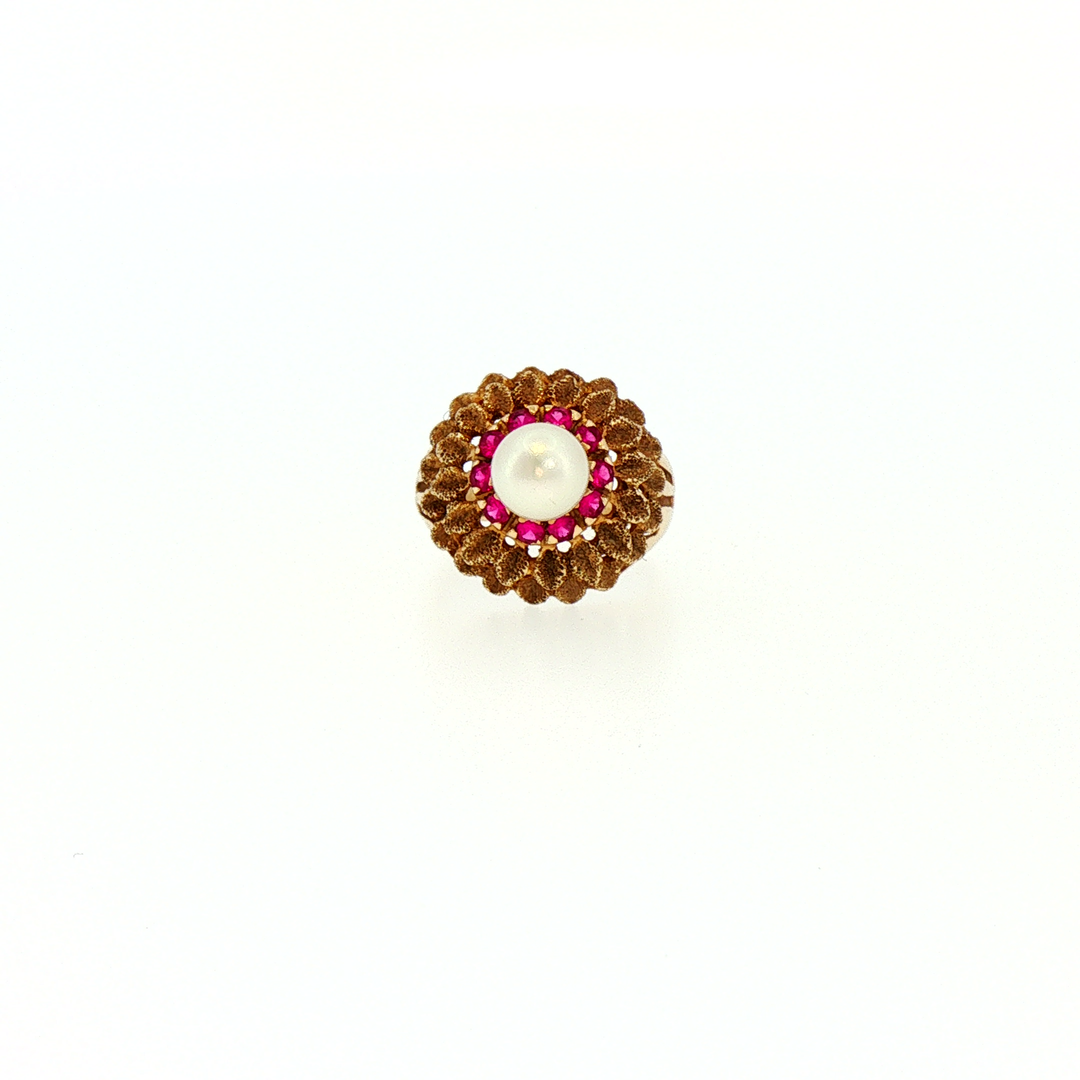 Antique Floral Pearl and Ruby Cocktail Ring in Yellow Gold