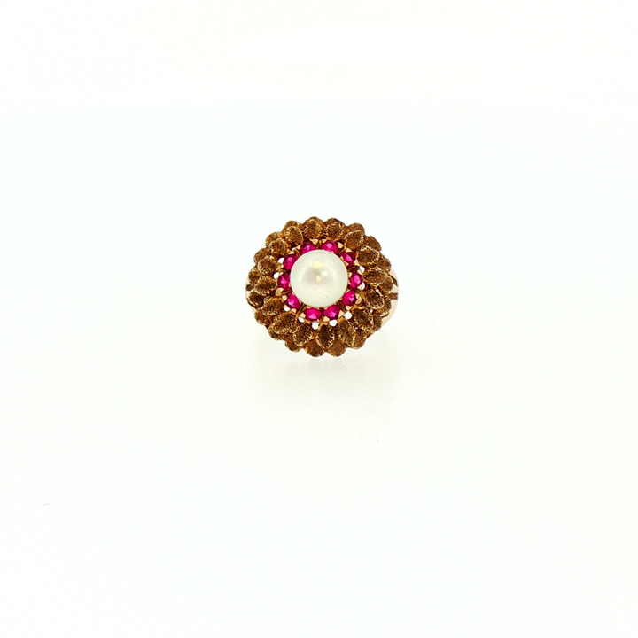 Antique Floral Pearl and Ruby Cocktail Ring in Yellow Gold