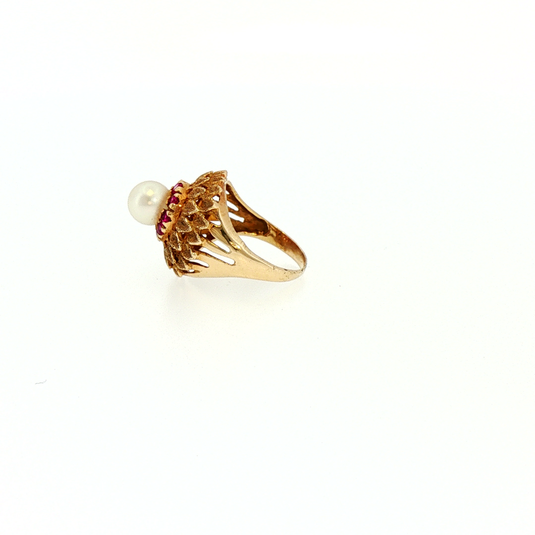 Antique Floral Pearl and Ruby Cocktail Ring in Yellow Gold