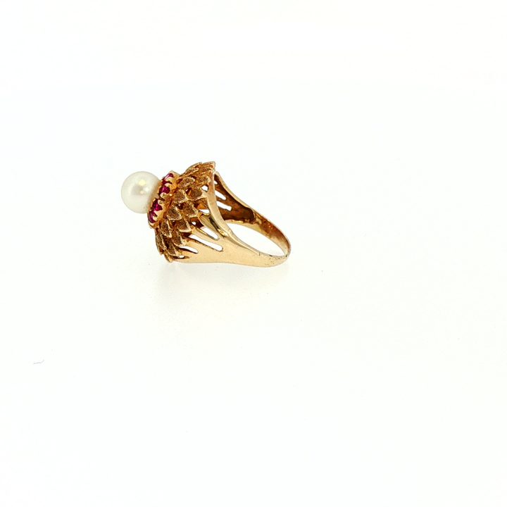 Antique Floral Pearl and Ruby Cocktail Ring in Yellow Gold