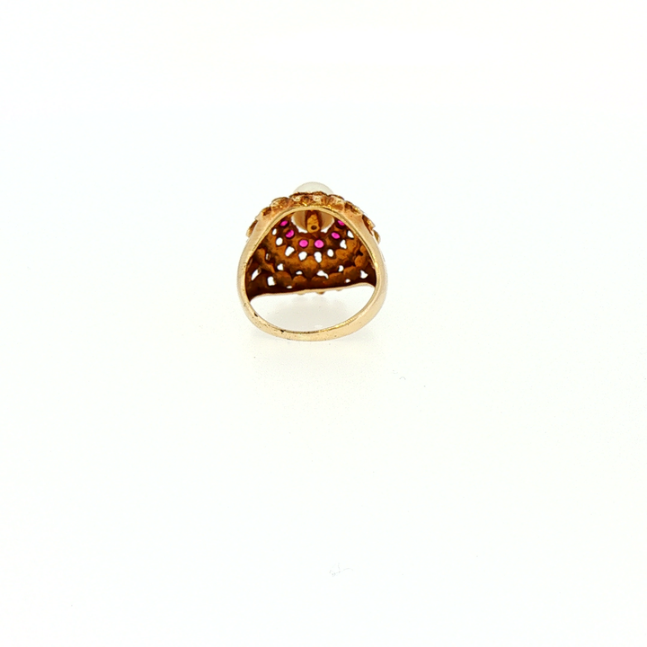 Antique Floral Pearl and Ruby Cocktail Ring in Yellow Gold