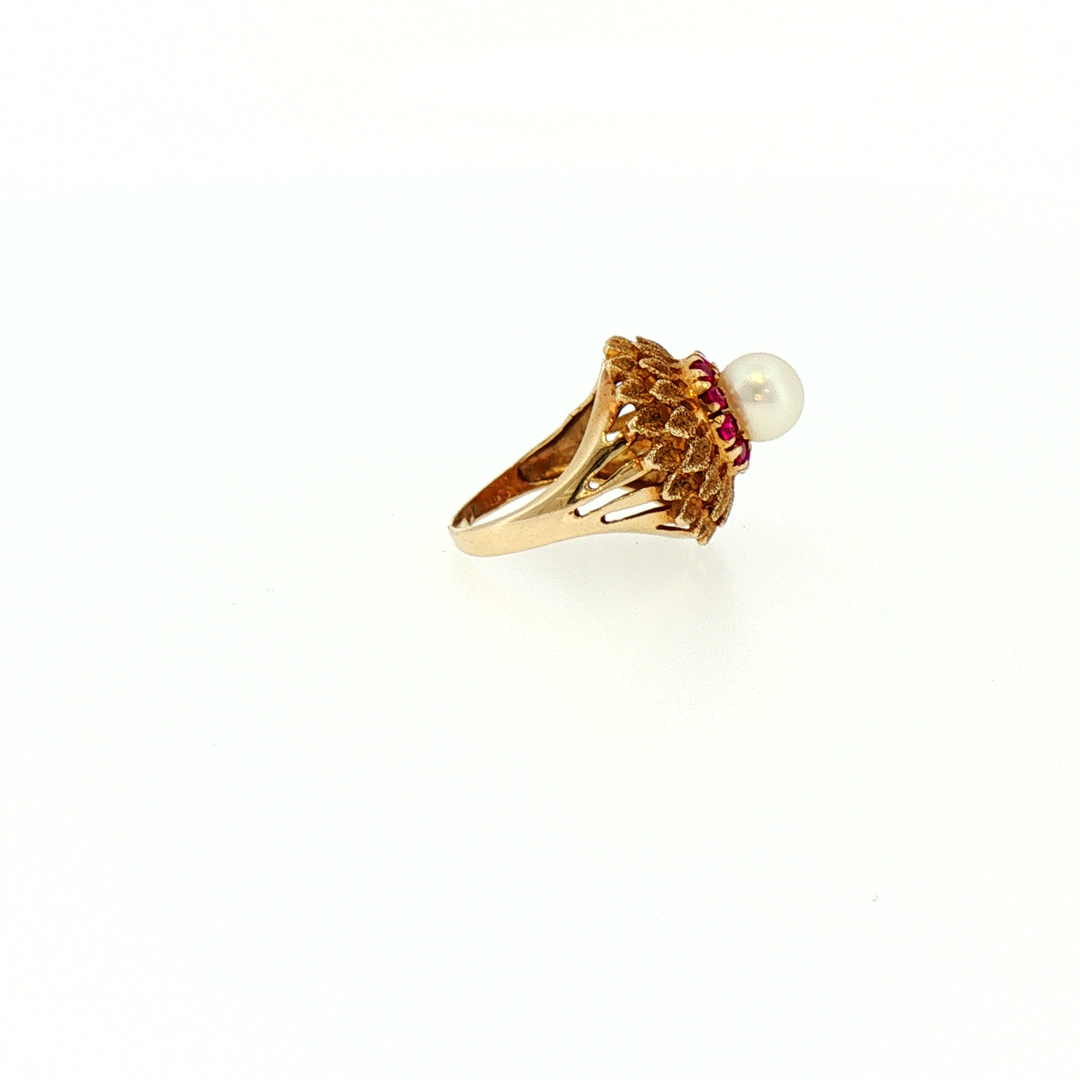 Antique Floral Pearl and Ruby Cocktail Ring in Yellow Gold