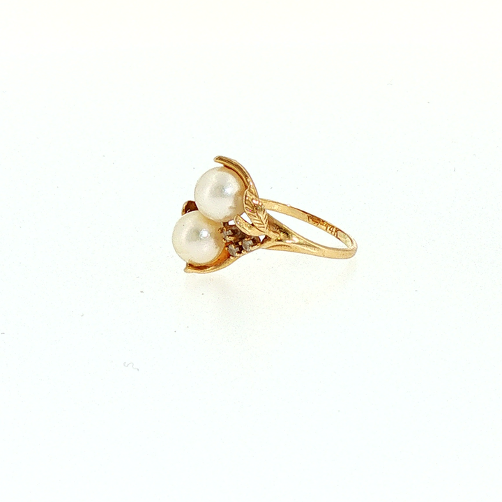 Vintage Two-Pearl Floral Ring in 14k Yellow Gold