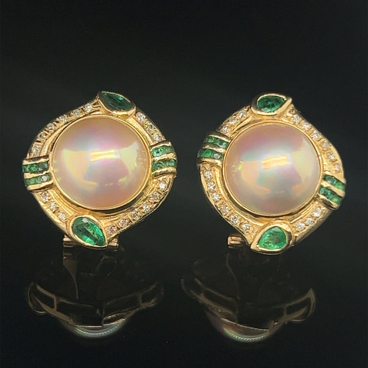 14k Mabe Pearl Emerald Diamond Earrings