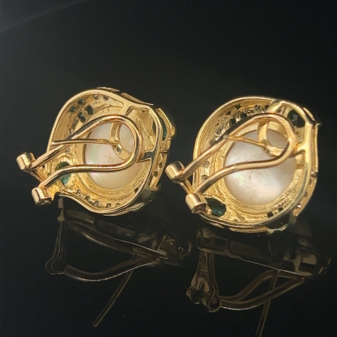 14k Mabe Pearl Emerald Diamond Earrings