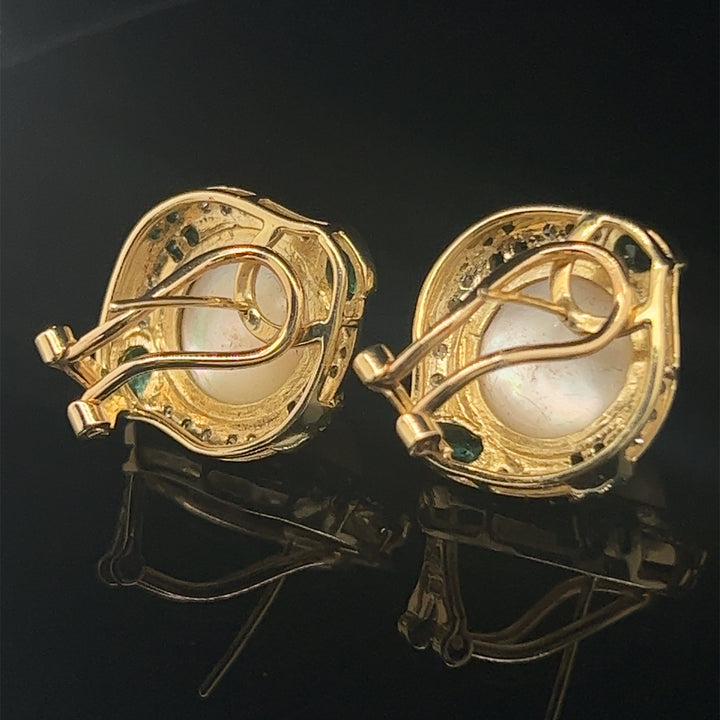 14k Mabe Pearl Emerald Diamond Earrings