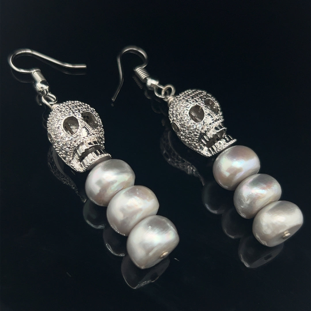 Sterling Freshwater Pearl Skull Earrings