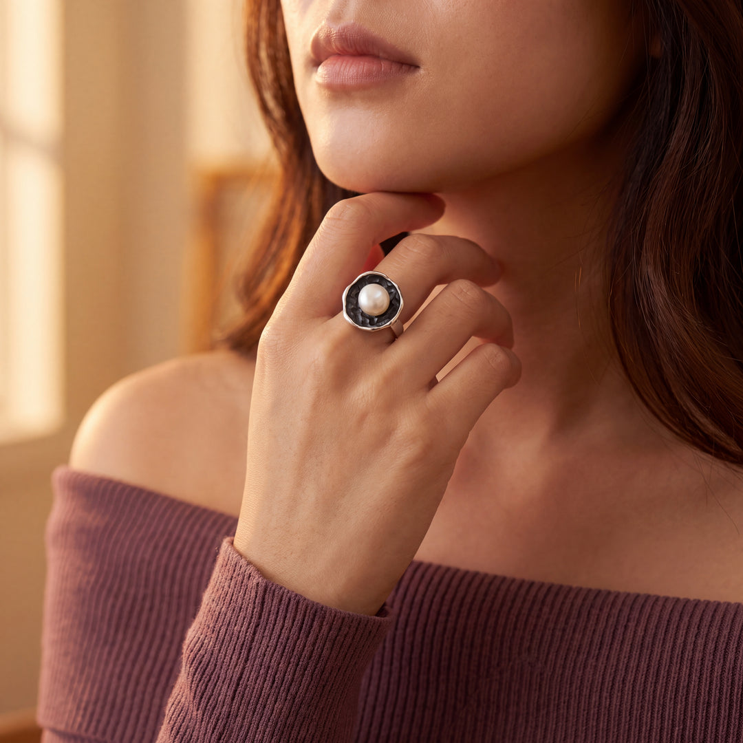 Oxidized Silver Pearl Cocktail Ring
