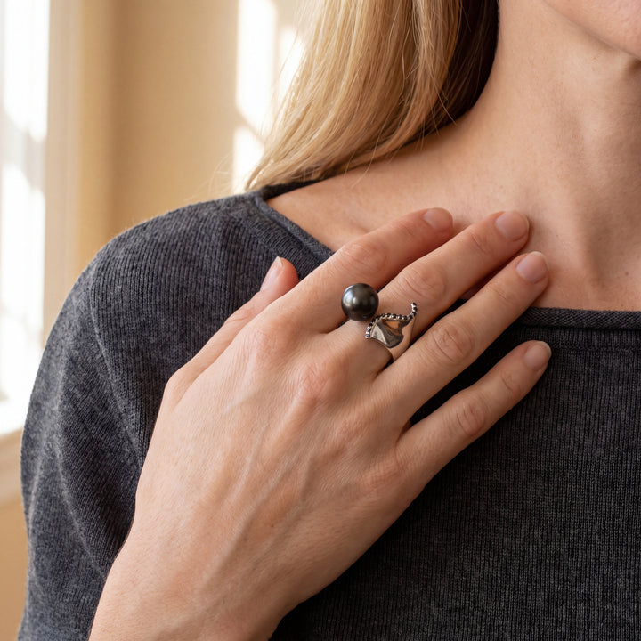 Modern Asymmetrical Tahitian Black Pearl Cocktail Ring