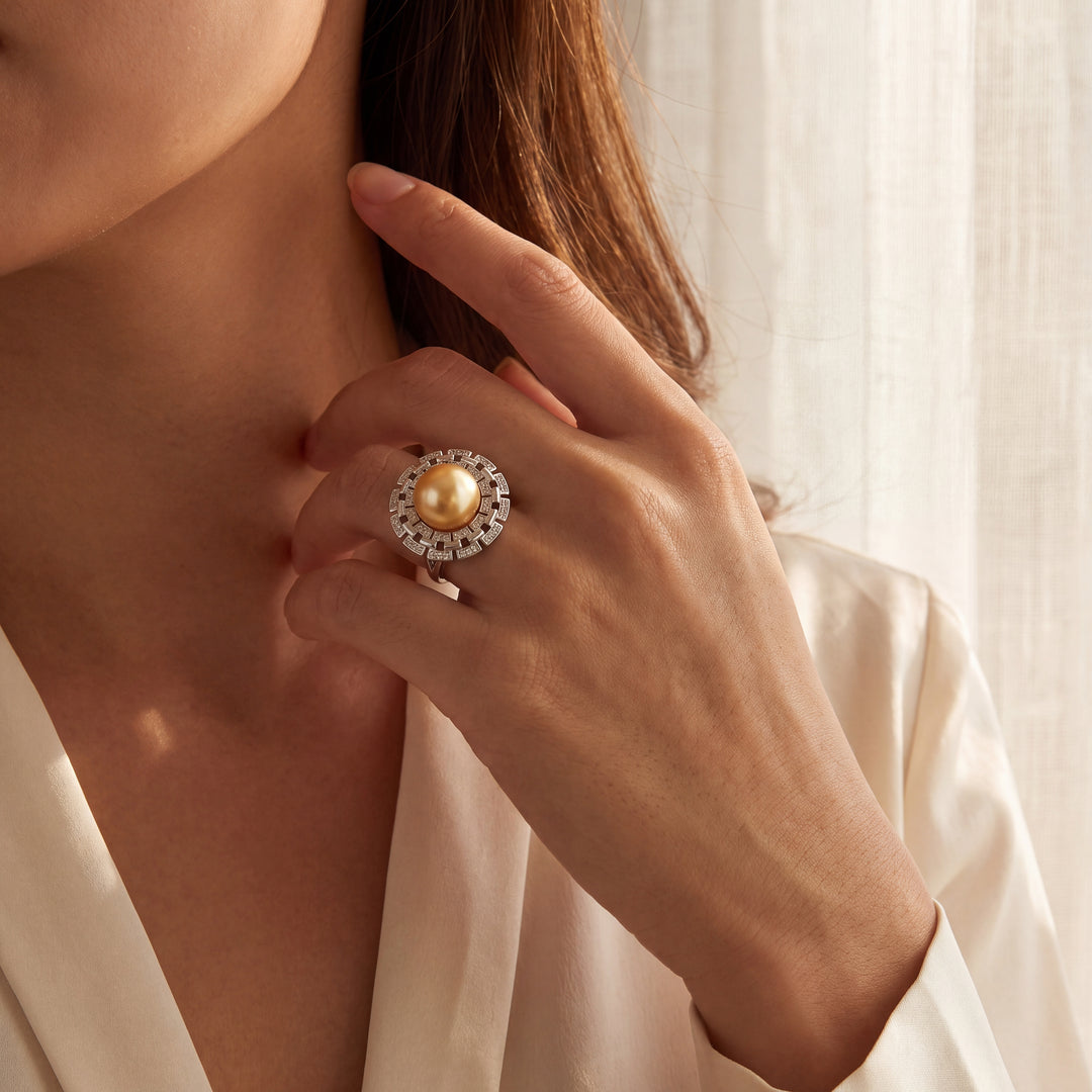 Golden South Sea Pearl Halo Cocktail Ring in Silver