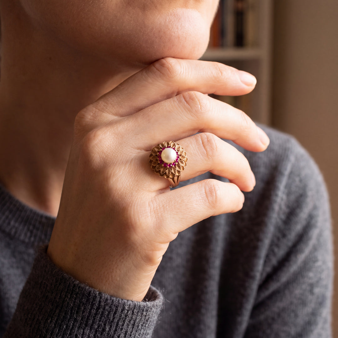 Antique Floral Pearl and Ruby Cocktail Ring in Yellow Gold
