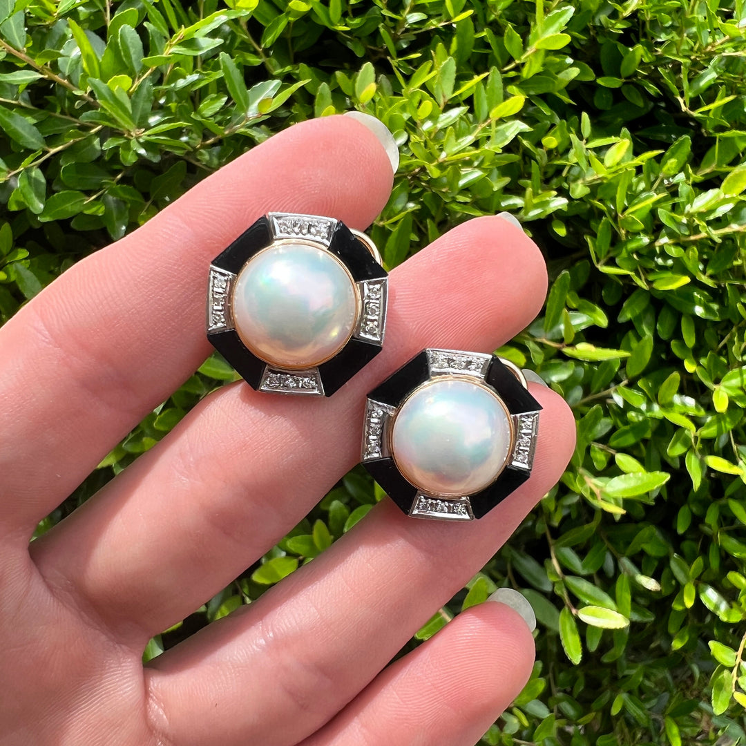 14k Mabe Diamond Onyx Earrings