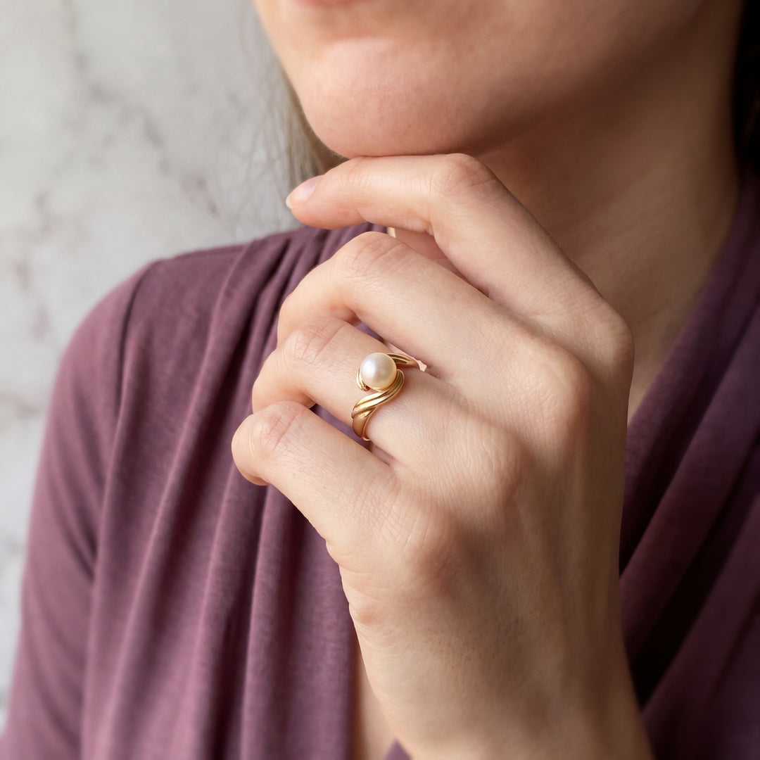 14K Yellow Gold Akoya Pearl Bypass Ring