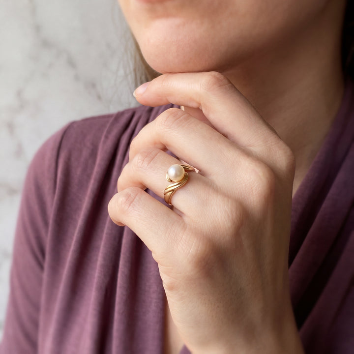 14K Yellow Gold Akoya Pearl Bypass Ring