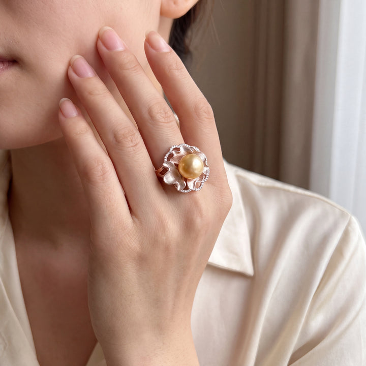 Golden South Sea Pearl Sculpted Floral Cocktail Ring
