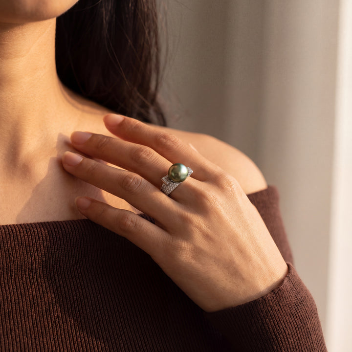 Tahitian Pearl 18k White Gold Pearl Bypass Cocktail Ring with Diamond Accents