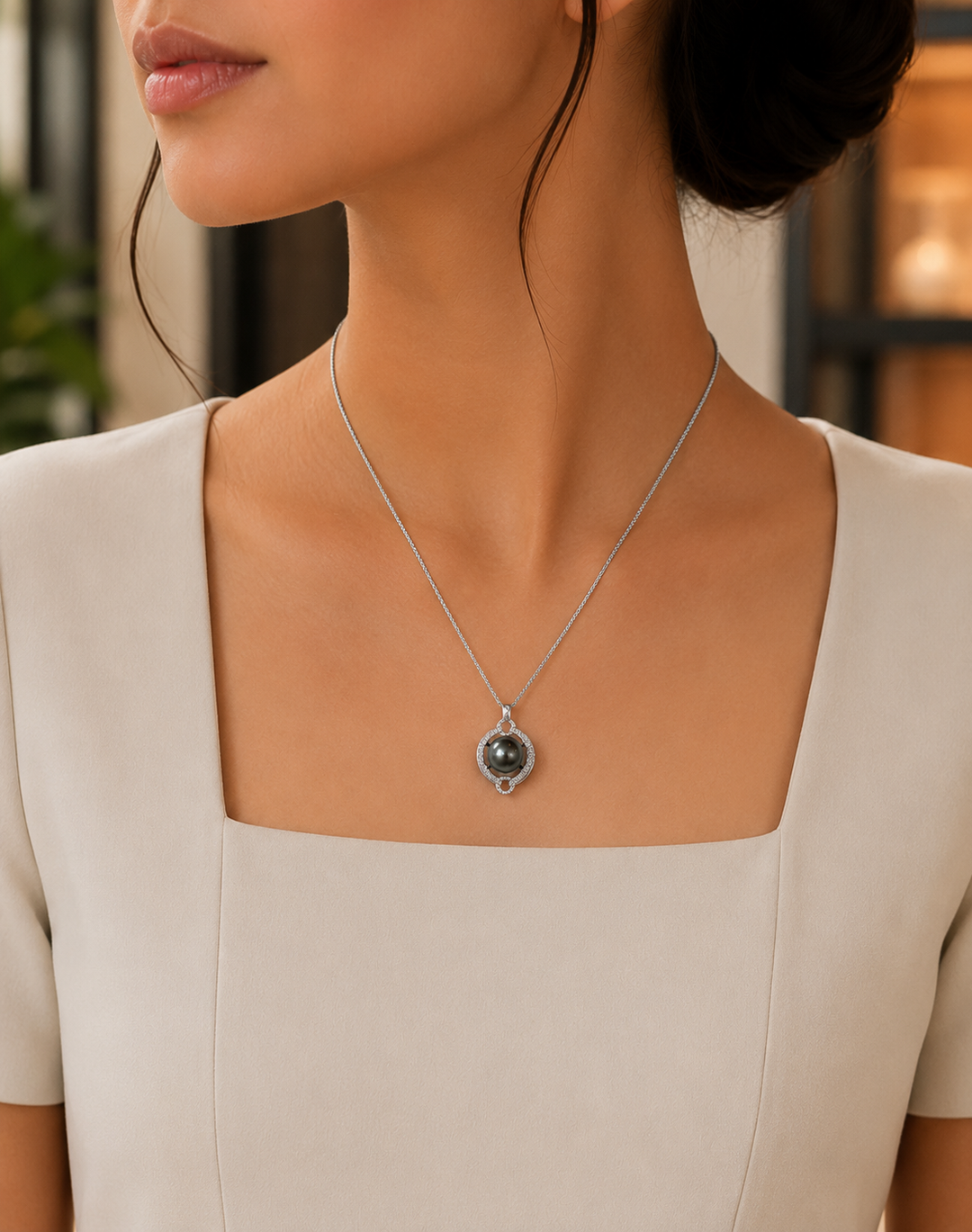 12mm Tahitian Pearl Pendant Necklace with White Topaz in 925 Sterling Silver