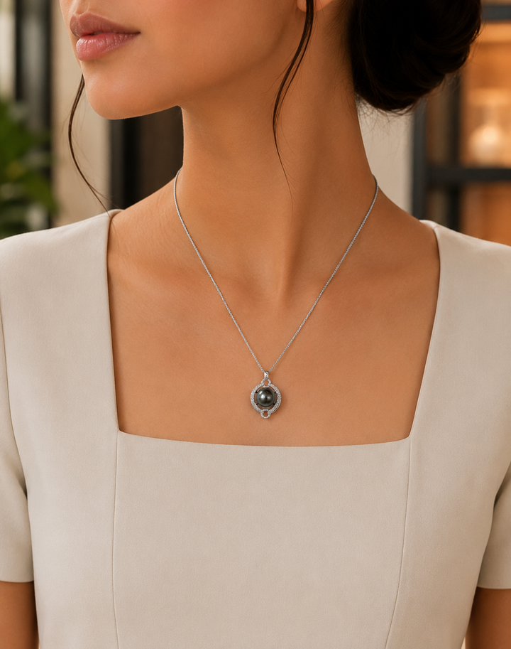12mm Tahitian Pearl Pendant Necklace with White Topaz in 925 Sterling Silver
