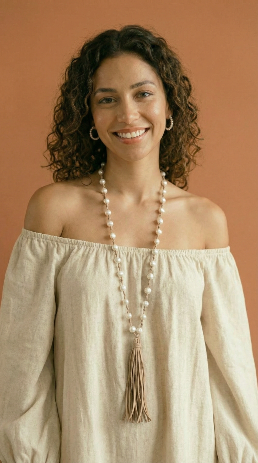 Freshwater pearl and leather long necklace