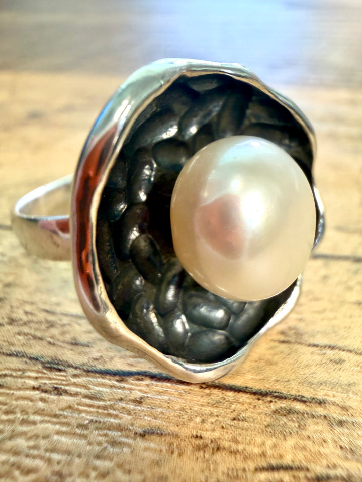 Oxidized Silver Pearl Cocktail Ring